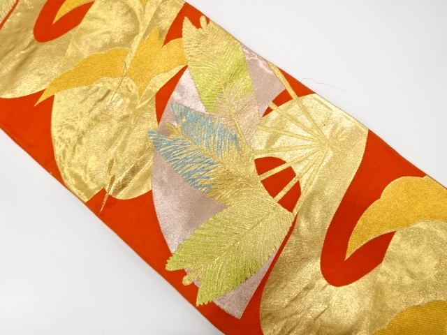 アンティーク　扇に若松・双鶴模様織り出し袋帯（着用可）